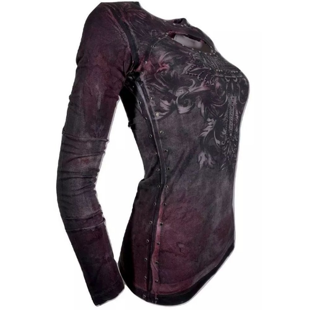 AFFLICTION Women's T-Shirt L/S CYPRESS Tee Biker - Picture 6 of 12